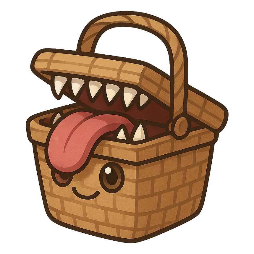 a picnic basket mimic with a classic woven basket, hinged lid slightly open revealing sharp monster teeth and a long playful tongue, cartoonish eyes on the front, cute and mischievous fantasy monster vibes sticker