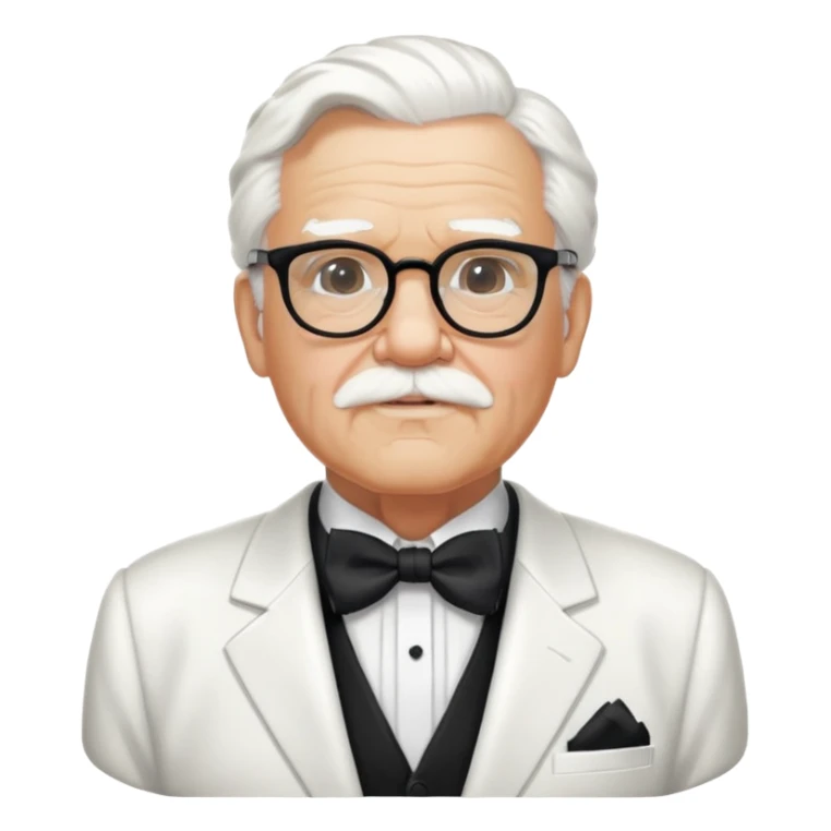 Colonel Sanders KFC, old man with white hair, white goatee, black bow tie, white suit, glasses sticker
