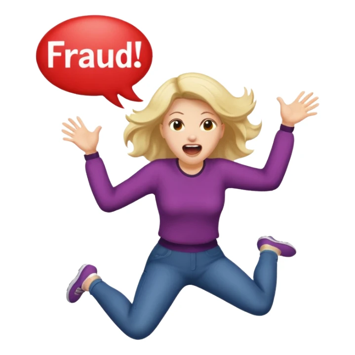 Woman jumping screaming and word “fraud” in a bubble sticker
