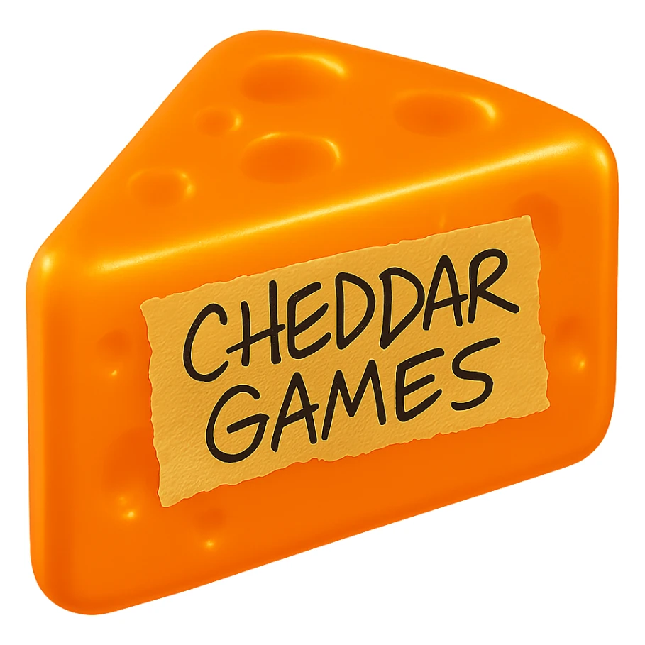 Remove the background completely. Keep the cheddar wedge shiny, retro, semi-transparent plastic, hyper-realistic, with a warm glow as if lit from inside. Add a piece of torn tape with 'Cheddar Games' written in much messier, scribbly Sharpie handwriting. Match the look of the reference image as closely as possible, but with messier handwriting and no background. sticker