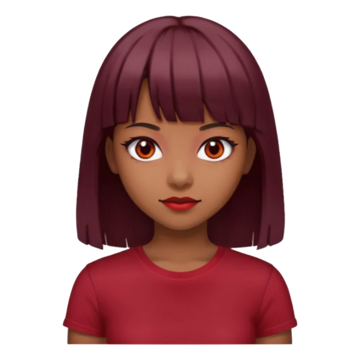 beautiful girl with dark maroon medium hair, straight bangs and red bando, red eyes and brown tshirt  sticker