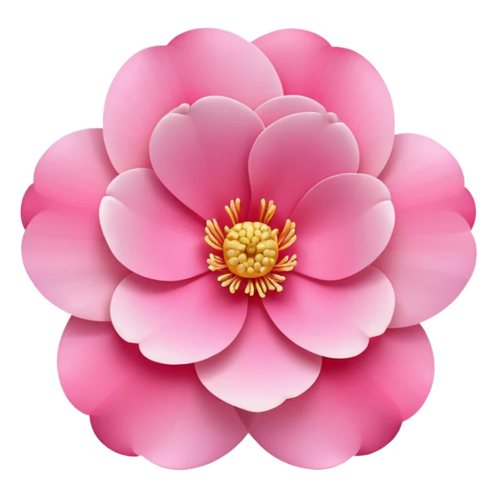 camellia flower, flat design, 5 layered pink petals with soft gradient, golden stamen in center, minimal outline, clean circular shape, pastel colors sticker