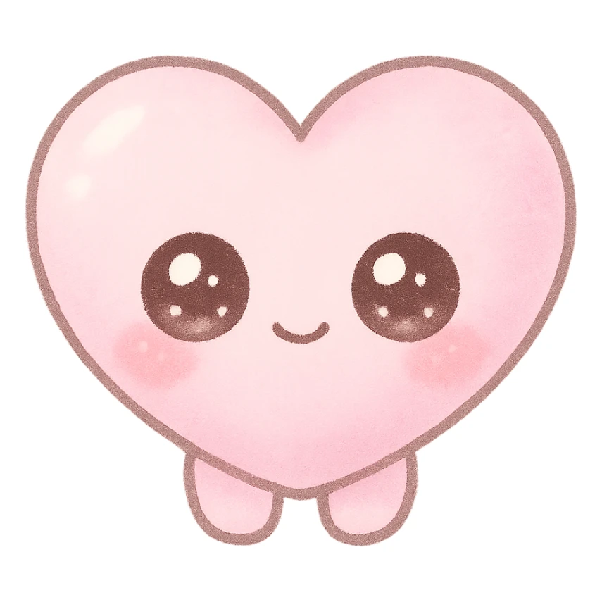 kawaii chibi pink heart character with big sparkling eyes, soft pastel colors, no arms, no legs, full body, soft pastel kawaii style sticker