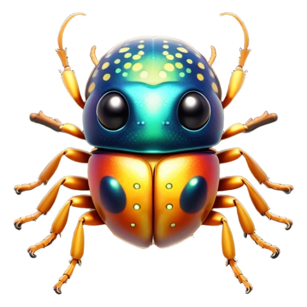 Cinematic Cute Beetle Portrait Emoji, Head tilted playfully and inquisitively, featuring a diminutive, charming body with a glossy, intricately patterned shell and round, sparkling eyes full of endearing wonder, Simplified yet irresistibly adorable features, highly detailed, glowing with a warm, inviting metallic glow, high shine, affectionate and lively, stylized with a touch of whimsical insect elegance, soft glowing outline, capturing the essence of a mischievous beetle that seems as if it could scuttle out of the screen into your arms! sticker