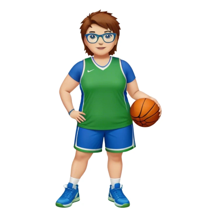 Full Body plus size white female basketball player with short medium brown hair with carmel highlights spikey hair wearing blue glasses 
 wide nose wearing blue green uniform  green sneakers smiling wearing earrings sticker