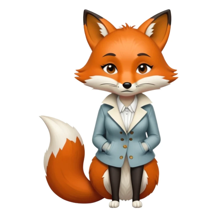extremely sad anthropomorphised female fox in stylish outfit, no sunglasses, very sad and crying, heavy frown, looking to the left, full-body view sticker