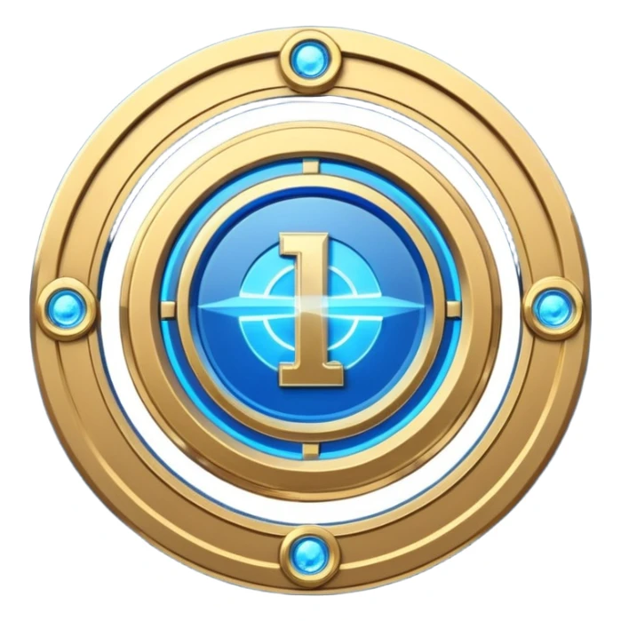 Futuristic anniversary medal badge, circular emblem with embossed Roman numeral I, metallic gold finish with electric blue glow accents, subtle outer energy ring, sci-fi web3 game UI style, polished 3D game asset, dark background, centered composition, high detail sticker
