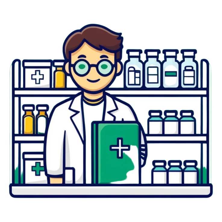 pharmacy shelves, pharmacist, dark green cross sign sticker