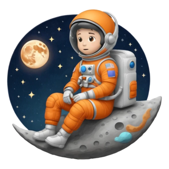 whimsical illustration of a cartoon astronaut, delicate render in soft hues, sitting on a tiny, moon, lost in thought, orange spacesuit, pop of color against the  celestial backdrop, subtle texture and gentle shading adding depth to the eerie vibe evoking a sense of wonder
 sticker