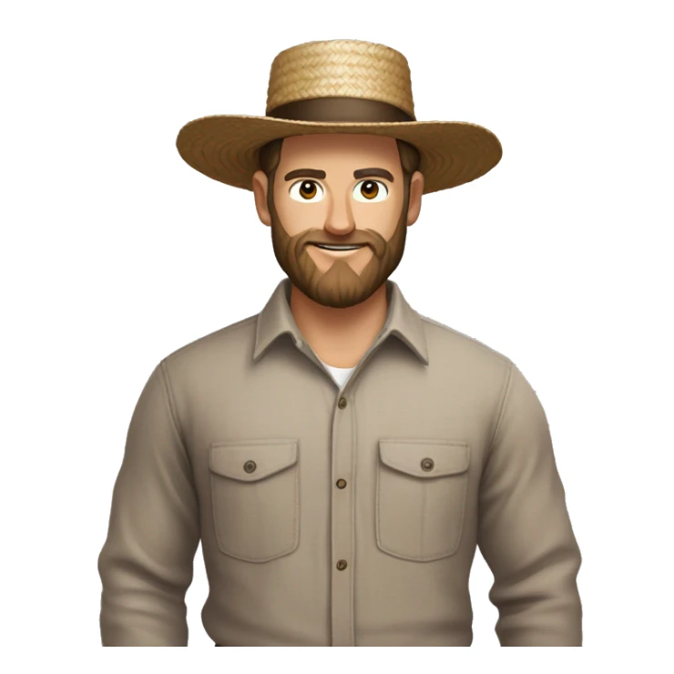 Amish brown straw hat and small beard without mustache white skin brown button down shirt whole body building a building one photo  sticker