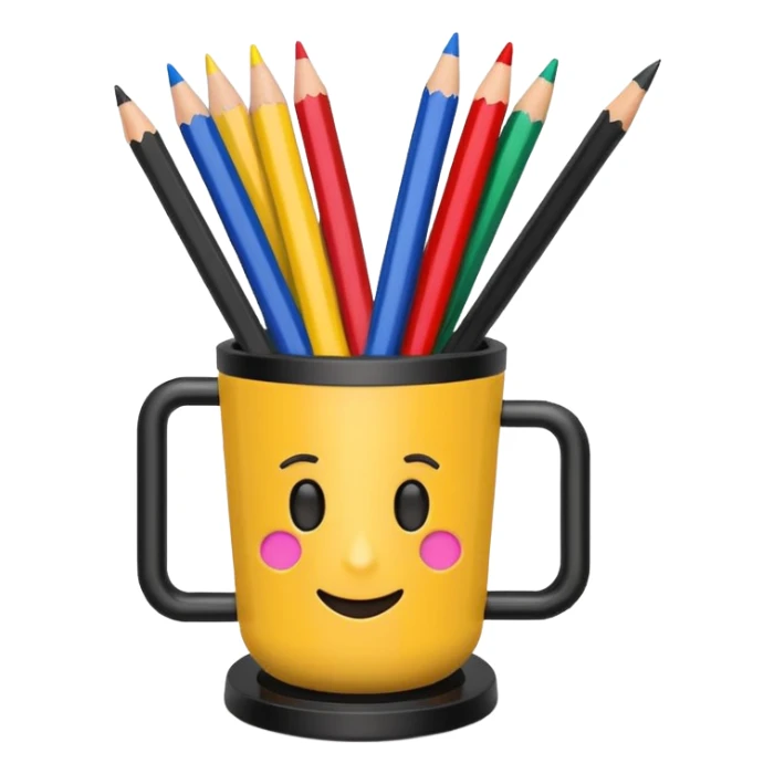 black pen holder cup with pencils and pens inside, emoji style sticker