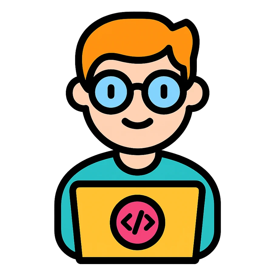 IT nerd with glasses using a laptop, playful, modern icon style, colorful lineal icon with black outlines sticker
