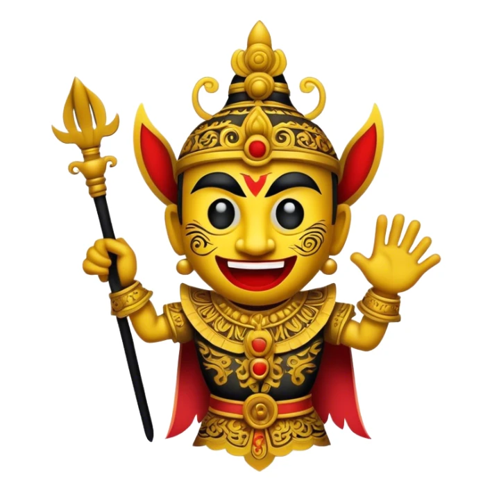 Cinematic Realistic Wayang Kulit Pop Culture Emoji, featuring a vibrant shadow-puppet theatre scene rendered with dynamic textures and artistic, traditional lighting. sticker