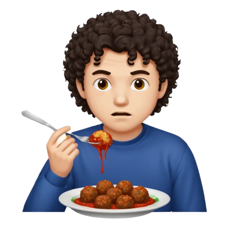 Ragazzo di 20 anni con capelli ricci scuri, leggermente arrabbiato che mangia 2 polpette  sticker