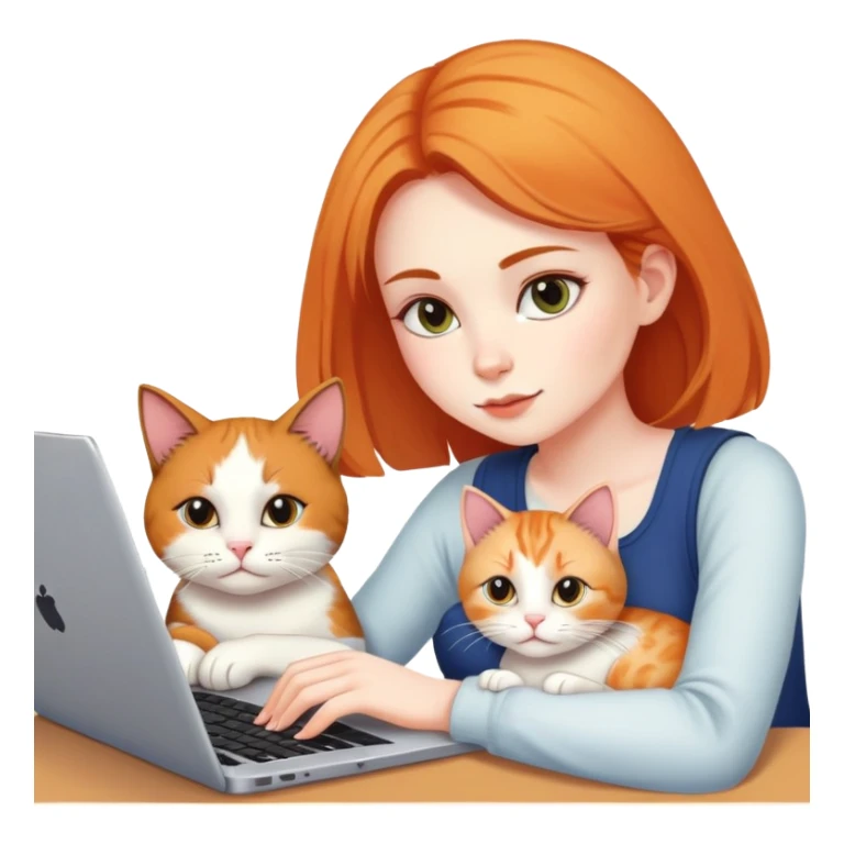 A girl is working on a laptop with a cat lying next to it sticker