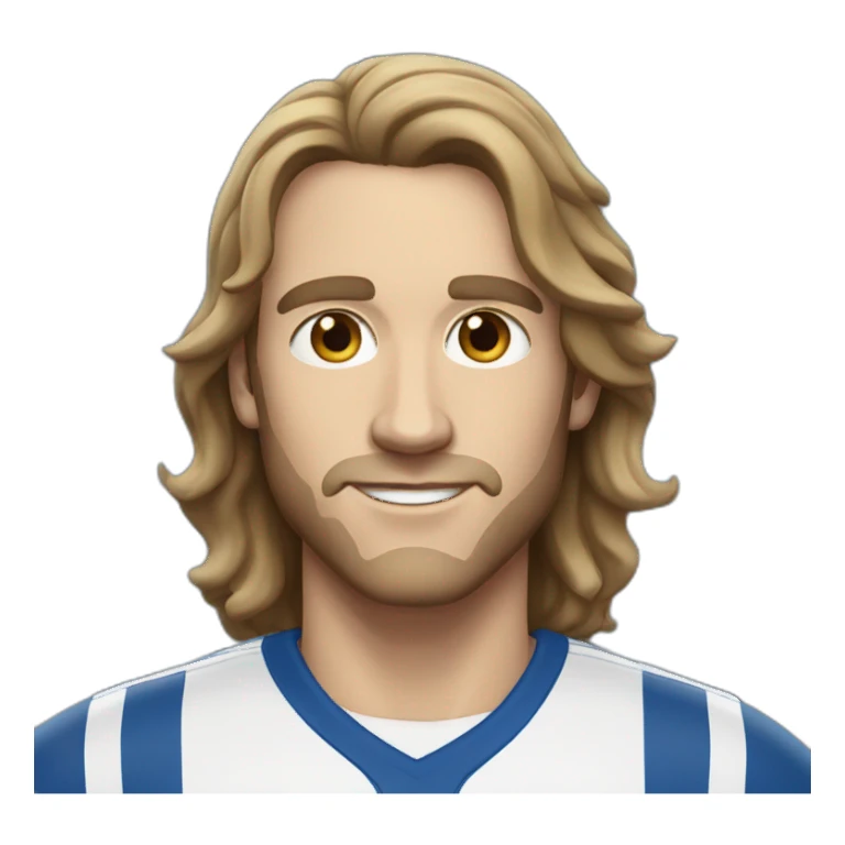 White man with light eyes, with long wavy dark brown hair, dressed in a blue and white team shirt sticker