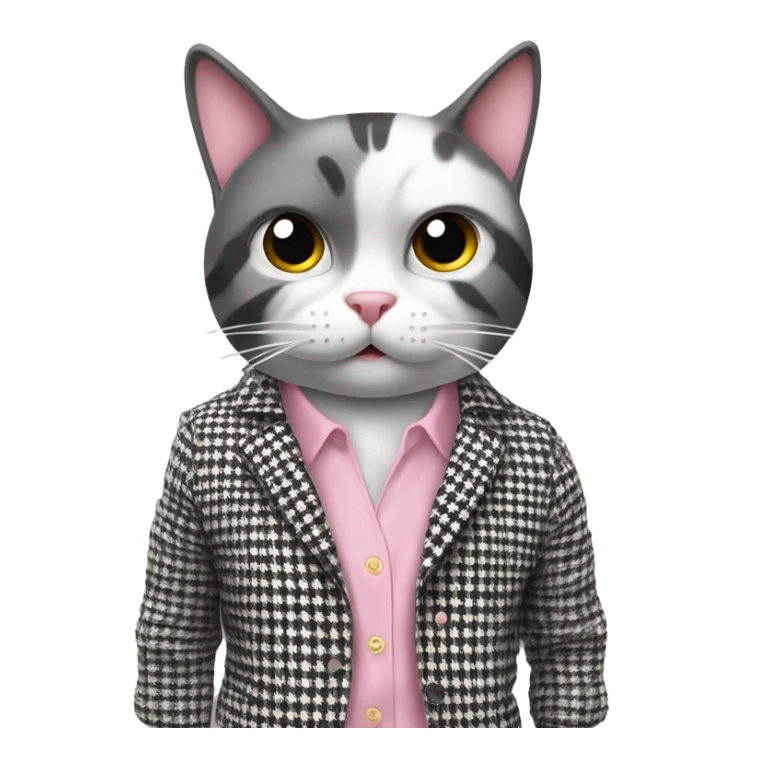 The cat is wearing a stylish black and white houndstooth jacket and light pink pants. Its facial expression is surprised or concerned, with eyes wide open and mouth curved downward. The background should be plain white to emphasize the character. sticker