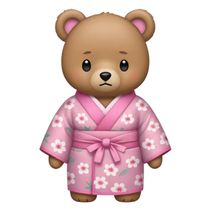 A cute light-brown bear wearing a pastel pink sakura-patterned kimono, normal balanced body ratio.  
Arms crossed with a slight pout, daring “wanna get scolded?” expression.  
Kawaii emoji style, minimalistic clean sticker illustration, white background.
 sticker
