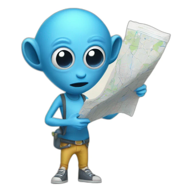 blue skinny tall alien wearing a fanny pack and holding a map sticker