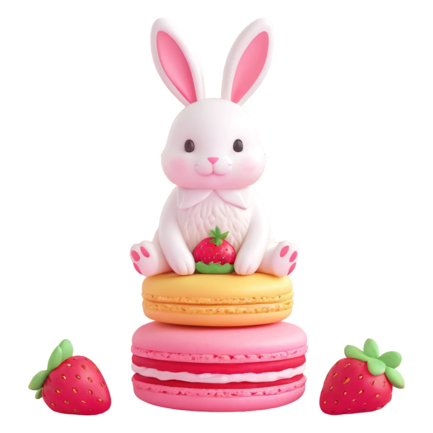 A cute bunny sitting on a pink macaron with strawberries sticker