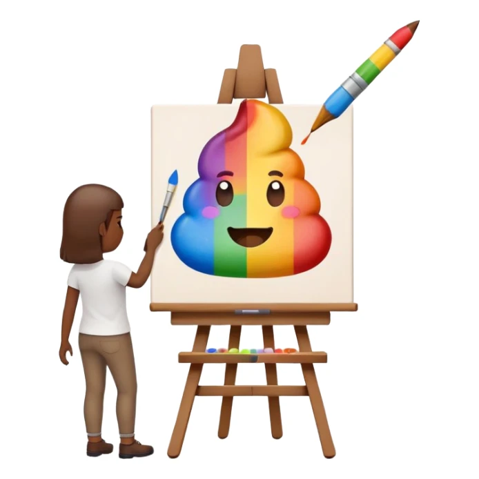 artist painting a rainbow poop emoji on an easel sticker