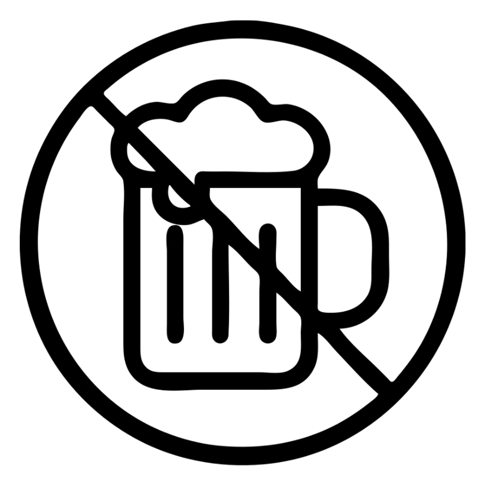 alcohol free icon, prohibition sign over beer mug, outlined, bold, suitable for app use sticker