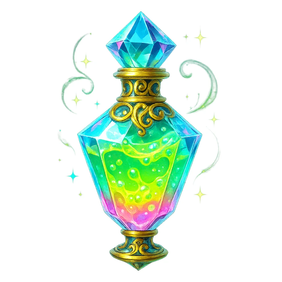 very luxurious crystal liquid glowing slime style elixir bottle, bright colors, lots of shine, edges, ornaments, golden details, magical effects, very small golden neck, transparent background, beautiful seamless bottom, bottle clearly floating in air, no base or shadow, premium class, playful, matching collection sticker