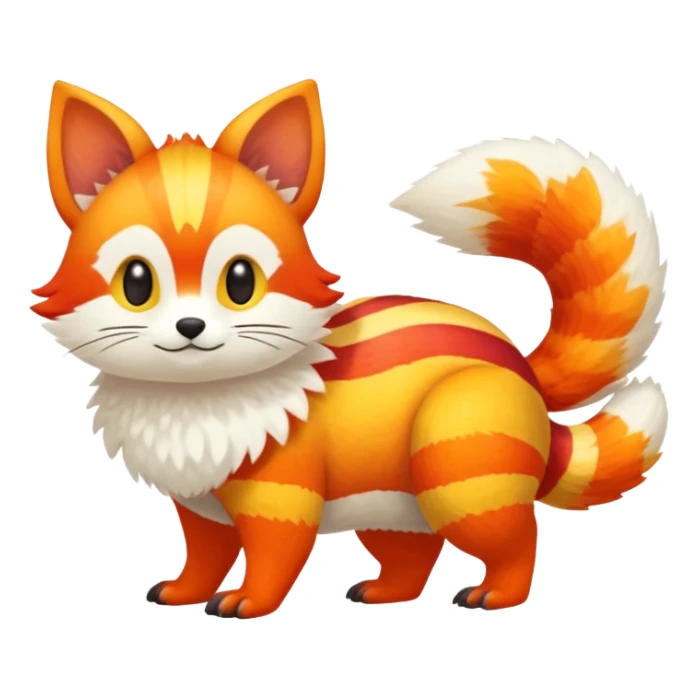 lush warm-colored Fakémon-Trico-creature (full body) with white cheek markings, white-striped tail sticker