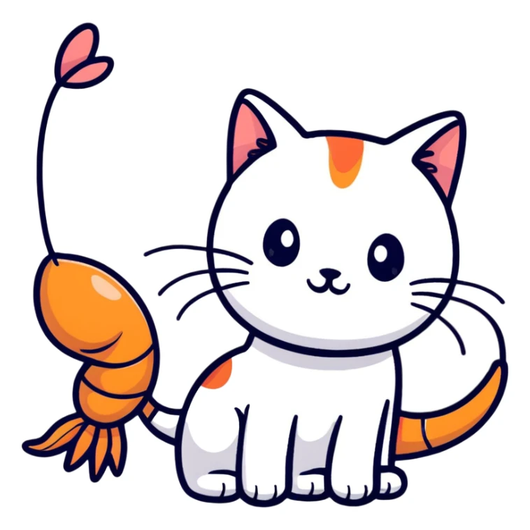 A cute hybrid creature with a shrimp body and tail but a cat's head with whiskers and ears sticker