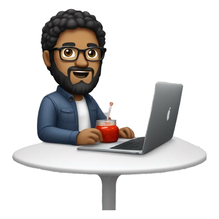 Designer with black hair, white skin, beard and glasses working with MacBook and ketchup sticker