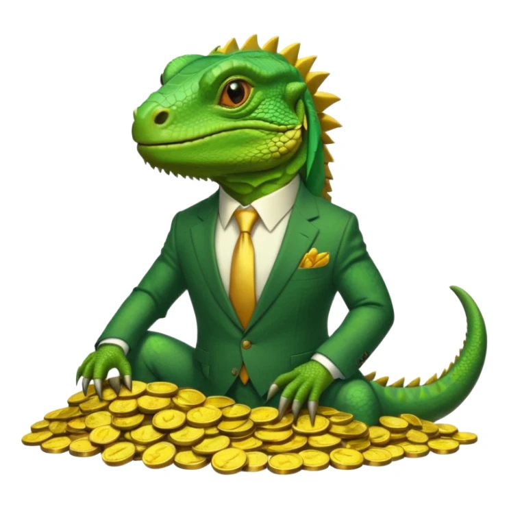 capitalist iguana in suit lying resting on coins sticker