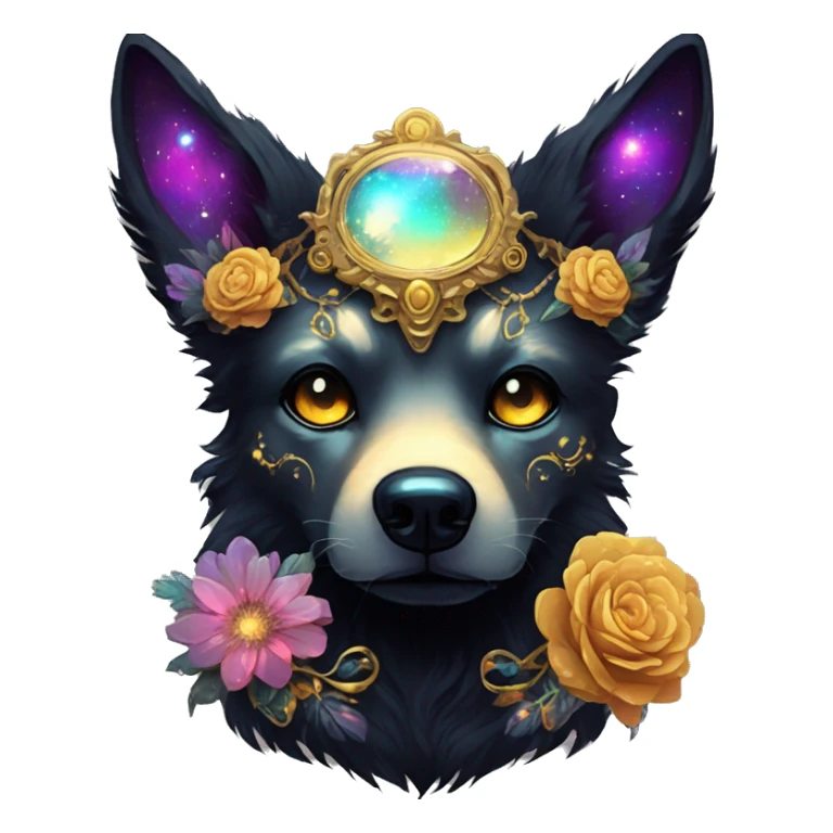 Black iridescent fluffy dog fox head zombie skull skeleton gold mechanical nebula galaxy stars colorful flowers fairy lights vintage sticker