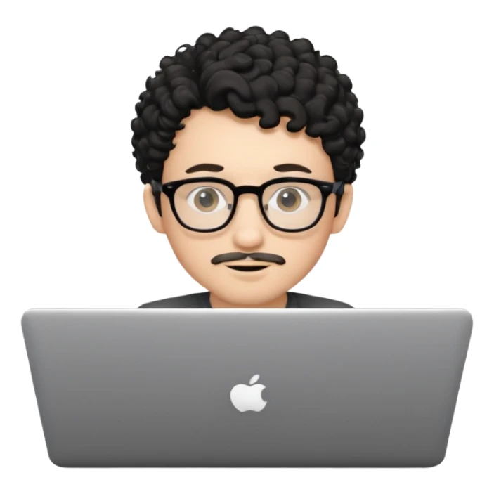 A young boy DEVELOPER WITH A laptop, black curly short hair, wearing glasses, a thin goatee, his skin is white sticker