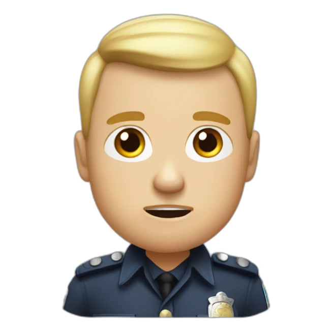 Angry policeman in uniform without a hat and a buzz cut sticker