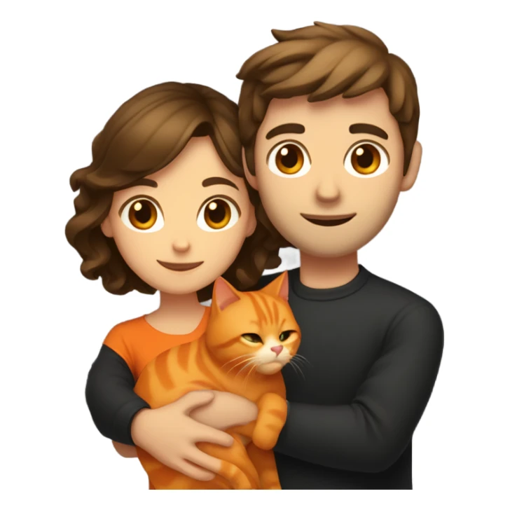 a light brunette woman with medium-long brown hair and a brunette man with short black hair hugging an orange cat sticker
