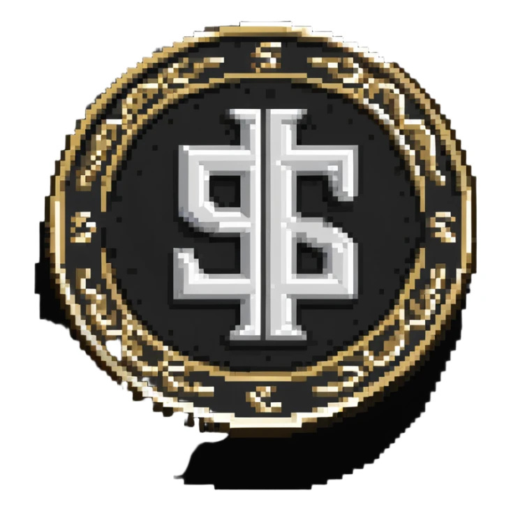 A silver coin with S.R symbols engraved prominently sticker