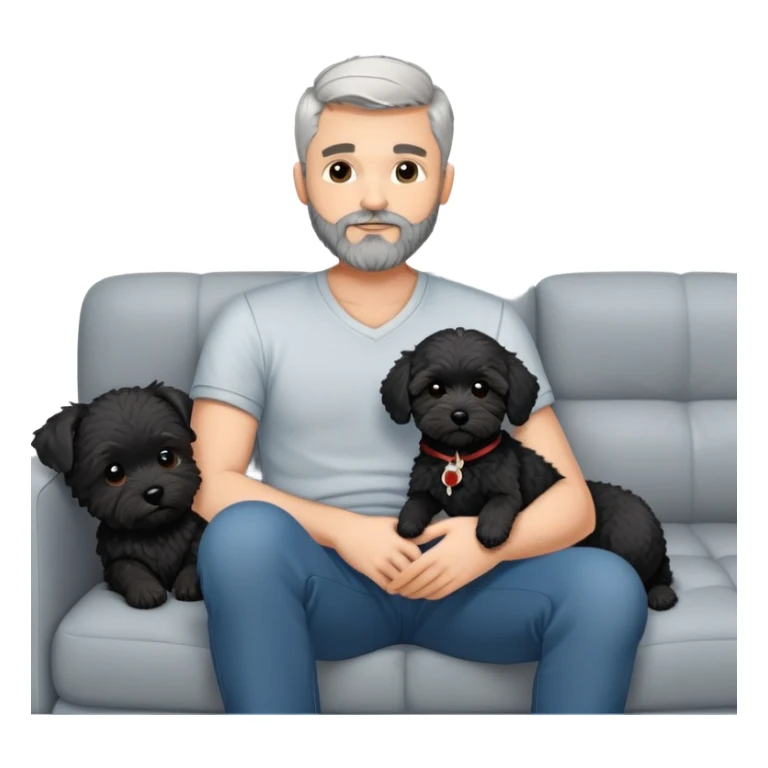 34 year old man with short straight grey hair and beard hanging out with his black cavapoo puppy with a white chest on the sofa sticker