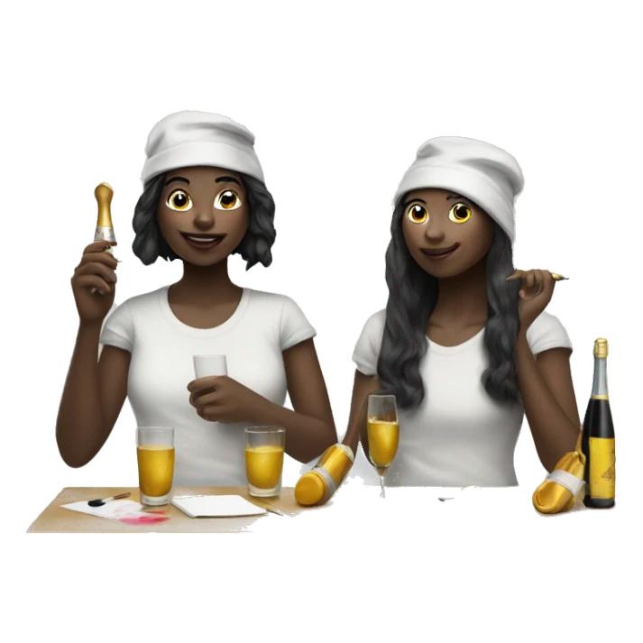 two girls one black and one once, dressed as painters with paint brush and paint all over drinking champagne sticker