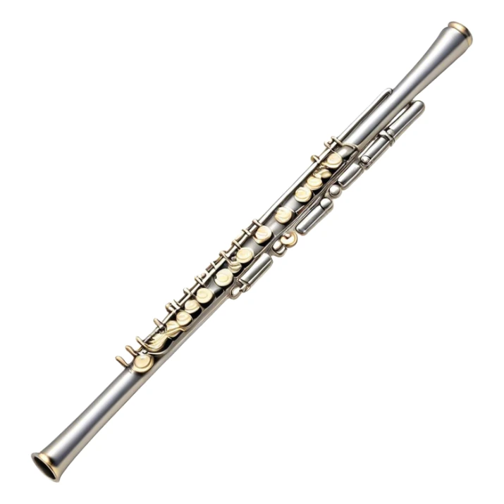 Cinematic Realistic Flute, polished silver metal with precise keywork, warm golden reflections dancing along its surface, soft hands carefully positioned over the keys, glowing with an elegant and airy charm. sticker