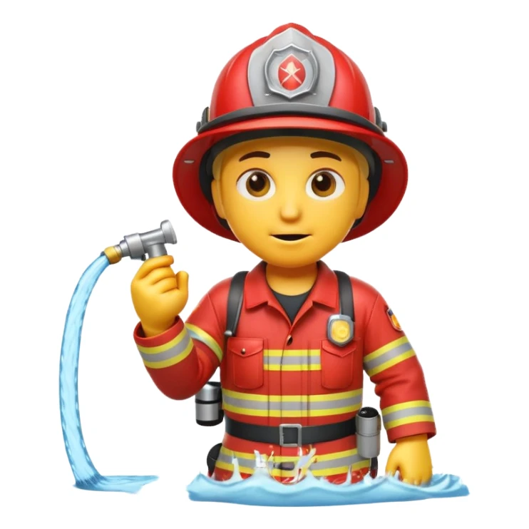 A 3D Apple-style yellow emoji character dressed as a firefighter in a bright red uniform and helmet, holding a fire hose spraying water forward, determined expression with cartoonish eyes, water splashing effect, clean minimal background sticker