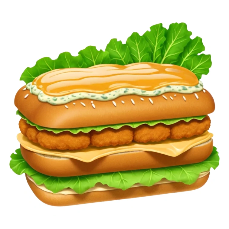 schnitzel sandwich: an oblong roll topped with a schnitzel, placed on a lettuce leaf, drizzled with remoulade, no cheese or other ingredients sticker