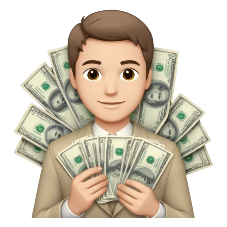 Confident young man with light skin and short brown hair, smirking while holding two thick stacks of cash. Detailed bills, minimalistic yet luxurious background sticker