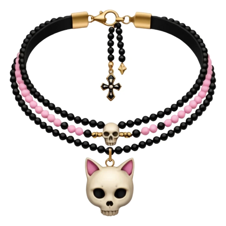 Thick black beaded choker, with cat skull and pink ankh  sticker