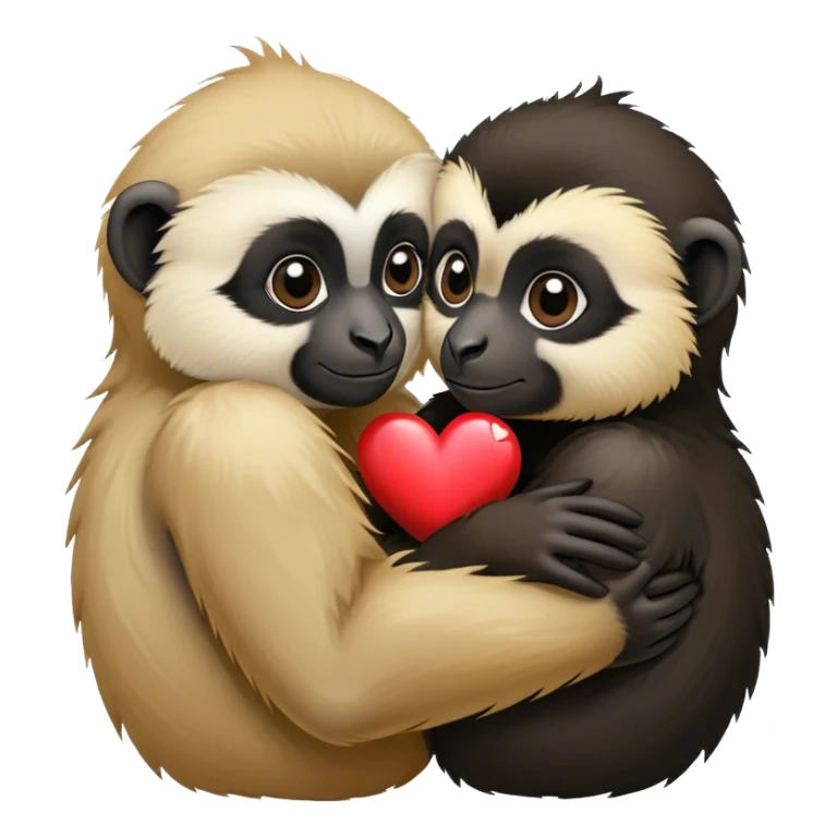 Two gibbons, one black and one tan, embracing with a heart sticker