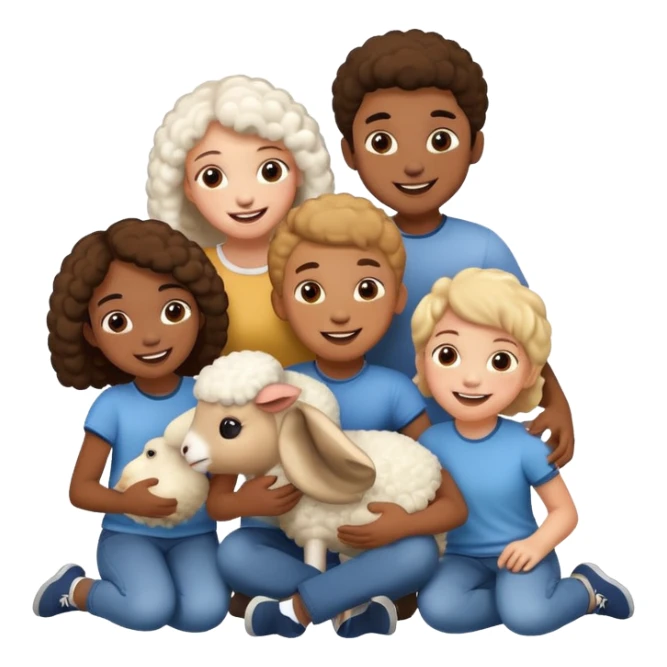 3 girls and 2 boys and a sheep sticker