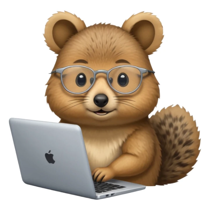 Silver-rimmed, bespectacled front quokka working on a laptop sticker