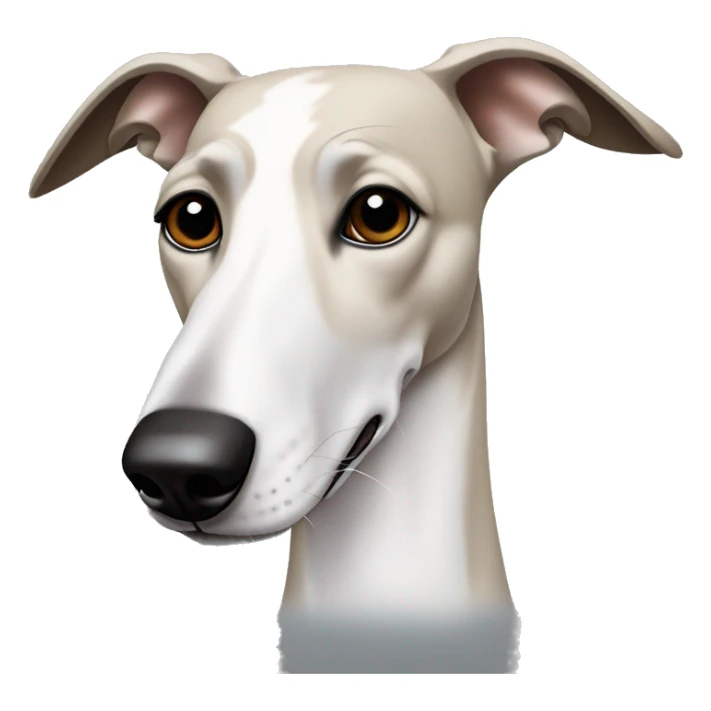 White greyhound dog with a big black patch over her right side eye and ear with brown eyes and black patches all over  sticker