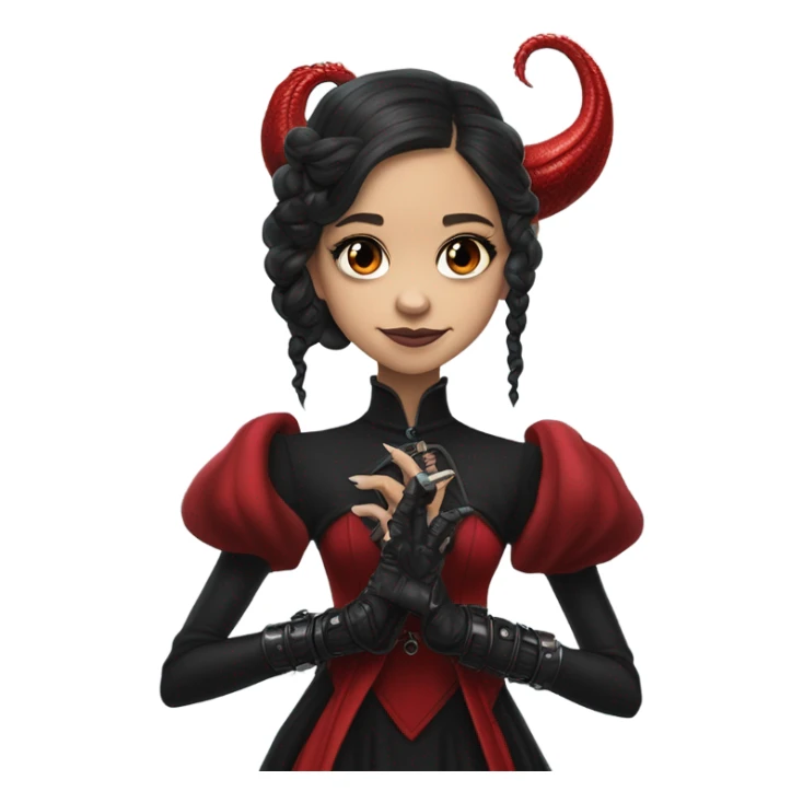 surprised Lavish black evening gown with see-through gloves, Jenna Ortega as Addams girl Jedi wearing a steampunk mini tiara, very large blood red evil-looking horned dragon sticker