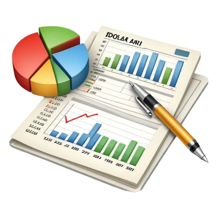 financial documents with charts, dollar sign, and pen sticker