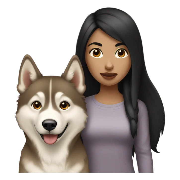 A girl black hair next to a light brown Husky sticker
